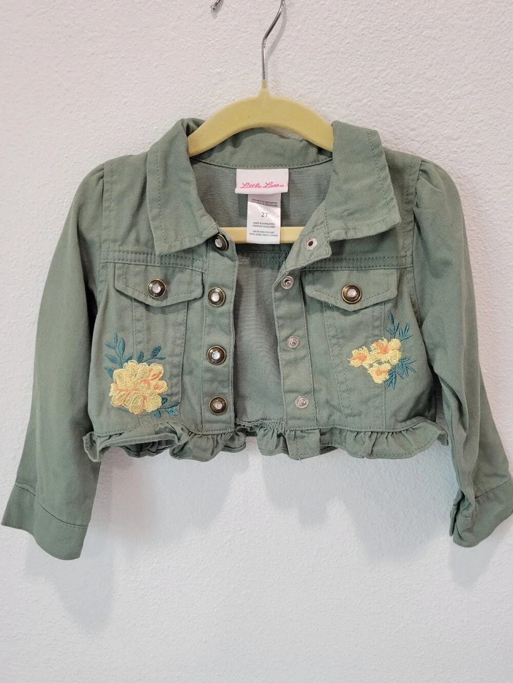Little Lass Girls 2T Sage Green Jean Jacket Floral Ruffle Western Cottagecore